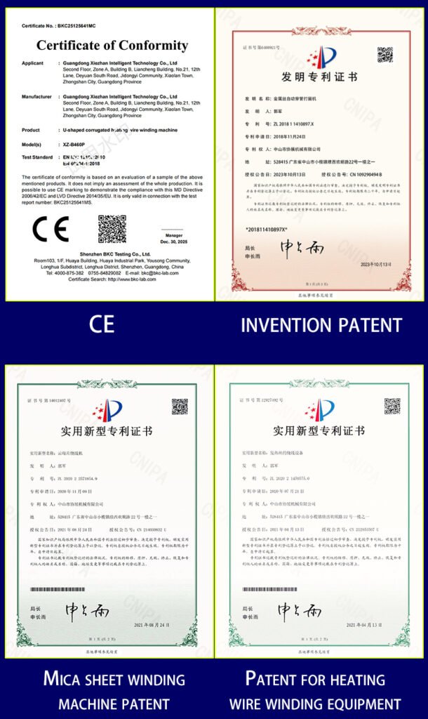 manufacturing certificates and patents related to heating element equipment production
